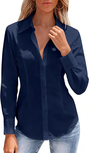 Miniatura 23 de Camisas con botones para mujer, camisa de vestir ajustada sin arrugas, blusa con cuello para trabajo, ropa de oficina, atuendo de otoño