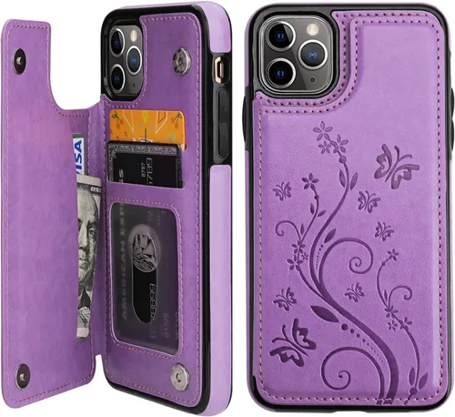 Miniatura 9 de Vaburs Funda para iPhone 11 Pro Max con tarjetero, diseño de mariposa en relieve de piel sintética de alta calidad, doble botones magnéticos, a Oro