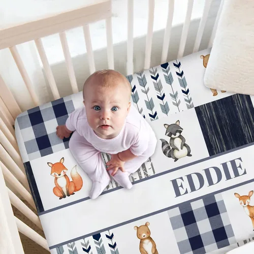 Miniatura 2 de Juego de cama personalizado para cuna de bebé, edredón de cuna con nombre personalizado, ropa de cama de guardería de animales del bosque, juego