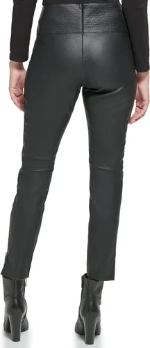 Miniatura 4 de Karl Lagerfeld Paris Pantalones de cuero elástico con cremallera para mujer con detalle de puntada superior