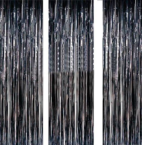 Paquete de 3 telón de fondo metálico de 3.2 x 6.6 pies con flecos de oropel brillante para puerta y ventana, telón de fondo para cumpleaños,