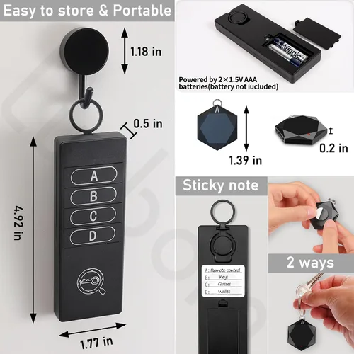 Miniatura 4 de Buscador de llaves 1 transmisor 4 receptores, 80 dB + localizador inalámbrico de artículos de 164 pies de alcance para llaves, collar de mascotas