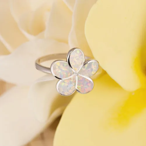 Miniatura 2 de Aloha Jewelry Company Anillo de promesa de plata de ley 925 con ópalo hawaiano y flor de plumeria, ópalo blanco y azul, sin níquel, hipoalergénico