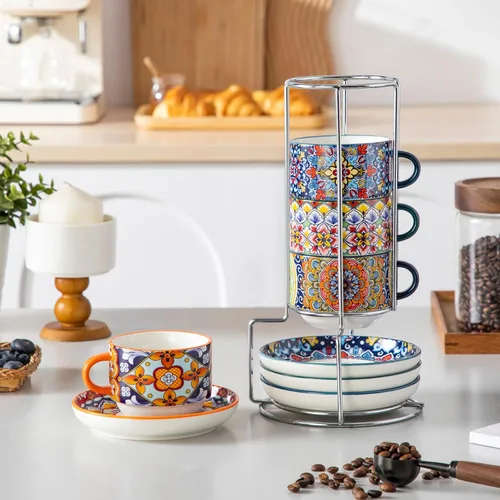 Miniatura 7 de vancasso Juego de 4 tazas de café espresso apilables de 8 onzas con platillos y soporte de metal, tazas de capuchino de cerámica bohemia, aptas