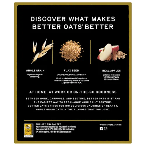Miniatura 10 de Better Oats Paquetes de avena de 100 calorías de manzanas y canela, desayuno instantáneo con semillas de lino y sabor natural de manzana y canela