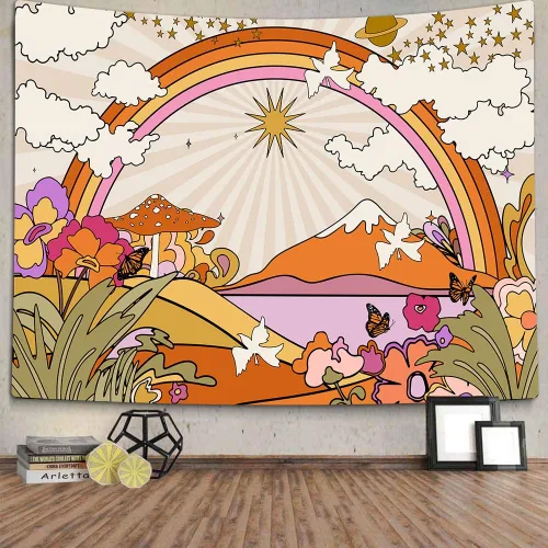 Miniatura 9 de TOMOZ Tapiz vintage de los años 70 y 60, diseño retro de flores, nubes, sol y arco iris, tapiz para colgar en la pared, tapiz psicodélico bohemio