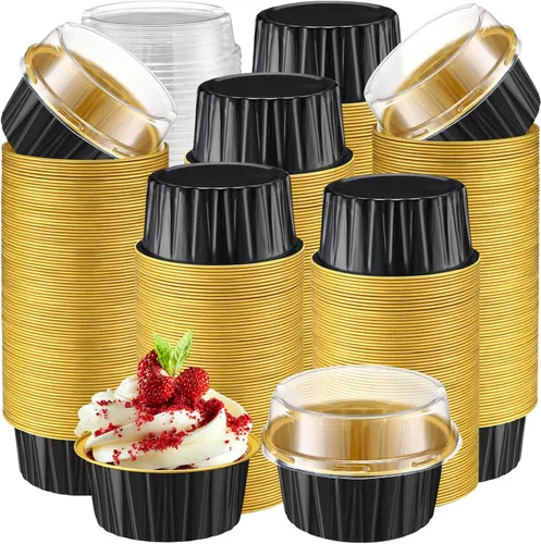 Miniatura 23 de Gejoy 400 Piezas Moldes de Papel de Aluminio para Hornear con Tapas 5 oz Moldes Desechables Ramekins Mini Moldes para Pasteles Crème Brûlée Moldes