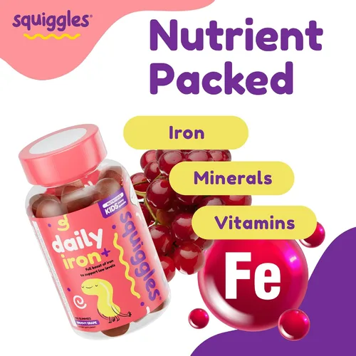 Miniatura 6 de Squiggles Kids Daily Iron+ Gummies - Suplemento masticable con hierro, multivitamínico para niños, bajo en azúcar, vegano, gomitas para niños