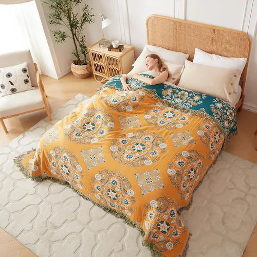 Miniatura 8 de Cobija para cama de estilo bohemio, 100 % algodón, ultra suave, edredón rústico, cobija de otoño, estampado floral, cobija grande rústica para sofá