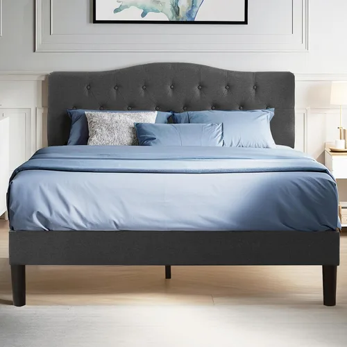 Miniatura 14 de VECELO Base de cama de plataforma de tamaño individual con cabecera tapizada de tela y soporte de listones de madera, no necesita somier/fácil