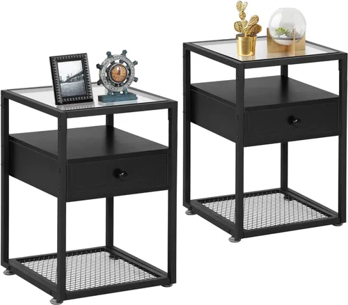 Miniatura 6 de VECELO Mesita de noche moderna con cajón, mesita de noche para sala de estar, dormitorio, vidrio templado, gris
