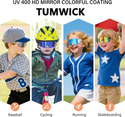 Miniatura 13 de Paquete de 2 lentes de sol de béisbol para niños y jóvenes, gafas de sol deportivas para niños y niñas, gafas de golf para ciclismo, correr, golf