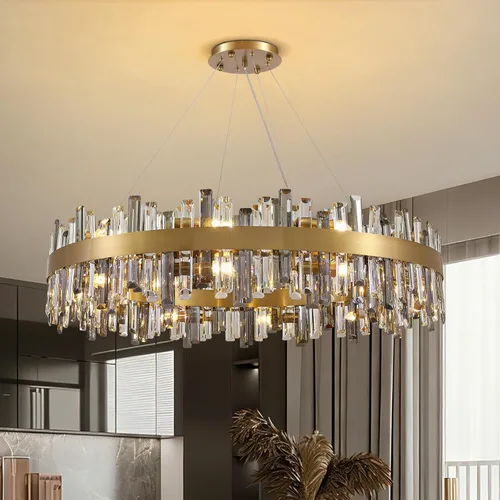 Miniatura 28 de Siljoy Candelabro moderno de cristal de 12 luces de oro cepillado de 2 niveles con forma de gota de lluvia de cristal, ajustable, montaje al ras