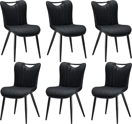 Miniatura 8 de Juego de 2 sillas de comedor tapizadas de cuero, modernas sillas de comedor de cocina de mediados de siglo con patas de metal negro, sillas