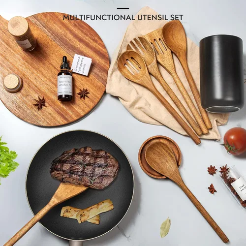 Miniatura 3 de Juego de utensilios de cocina, 8 piezas de utensilios de cocina de madera con soporte de cerámica (soporte negro)