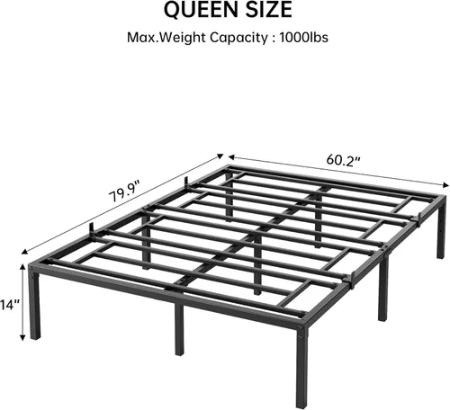 Miniatura 2 de Base de cama tamaño Queen, marco de cama de metal de 14 pulgadas, listones de acero resistentes, no necesita resortes de caja, base de colchón