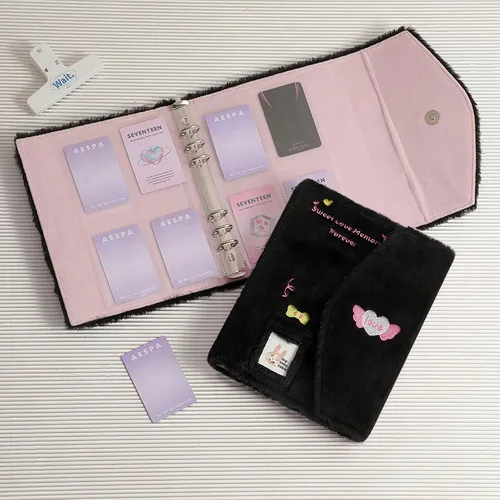 Miniatura 6 de Carpeta A5 Kpop - Álbum de fotos de felpa con 20 fundas interiores de 3 pulgadas para álbum de fotos en hojas sueltas, rellenable, 6 anillos, Negro