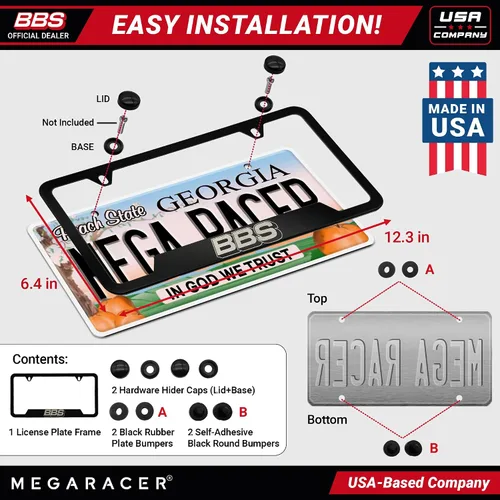 Miniatura 6 de Juego de 1 marco para placa patentado BBS, acero inoxidable negro, cubierta para placa de automóvil, marco metálico para hombre, portaplacas