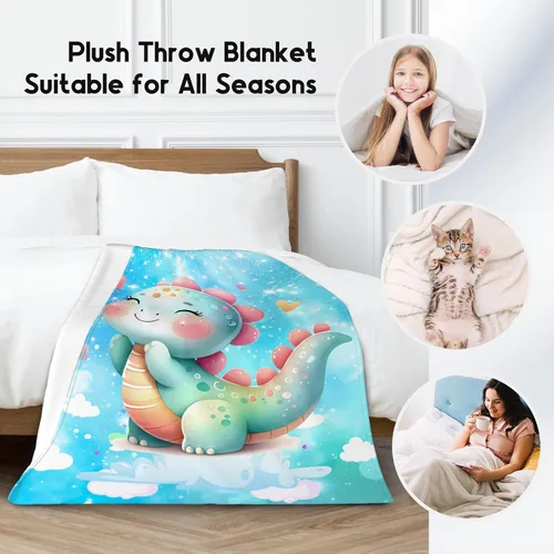 Miniatura 2 de Manta de dinosaurio para niñas, bonita manta para niños, manta de forro polar cómoda de franela para sofá, 40 x 50 pulgadas Azul
