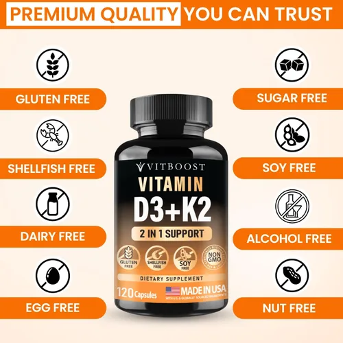 Miniatura 9 de VITBOOST Complejo de vitamina D3 K2 – Fácil de tragar – Vitamina D (D3) 5000 UI (125 mcg) y K2 (MK-7) 90 mcg Sin OGM Sin gluten Fabricado