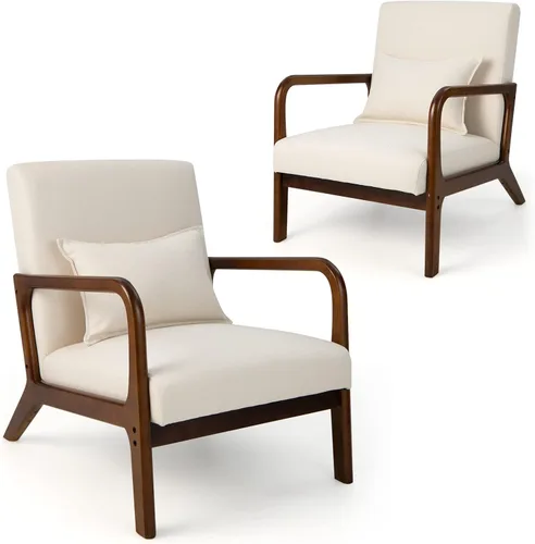 Giantex Juego de 2 sillas decorativas modernas con almohada, cómodo sillón tapizado con almohadillas de fieltro antideslizantes, marco de madera,