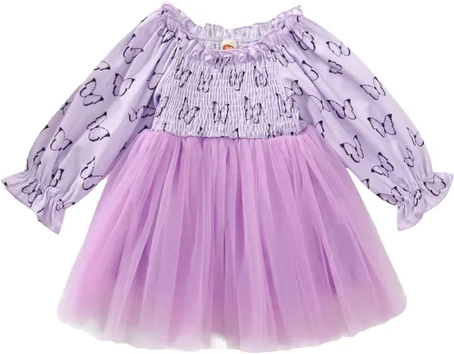 Vestidos de tul de manga larga con estampado de mariposas para niñas y bebés vestido de princesa largo para niñas grandes morado 2-3 años