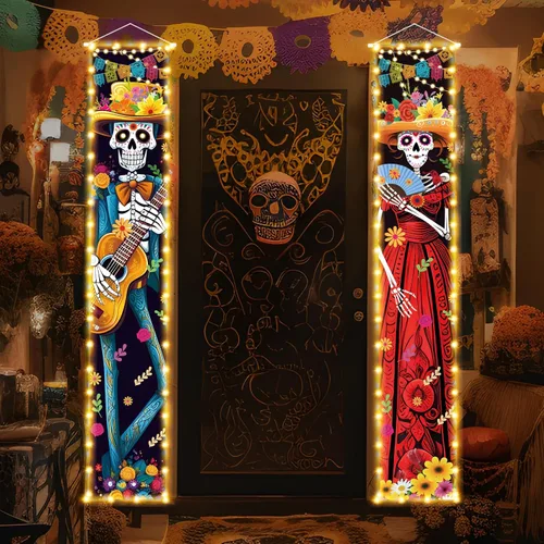 Miniatura 4 de Decoraciones de Halloween Día de los Muertos con luz para porche, decoración de Halloween, Día de los Muertos de México, carteles de porche