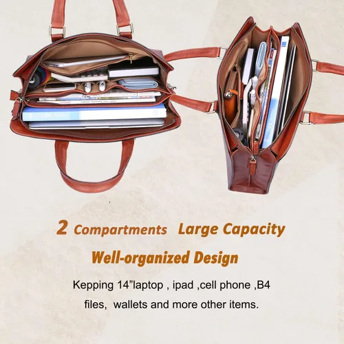 Miniatura 6 de Banuce Full Grains - Maletín de cuero italiano para mujer, bolsos y monederos de 14 pulgadas, bolsas de negocios para laptop, bolsa de trabajo