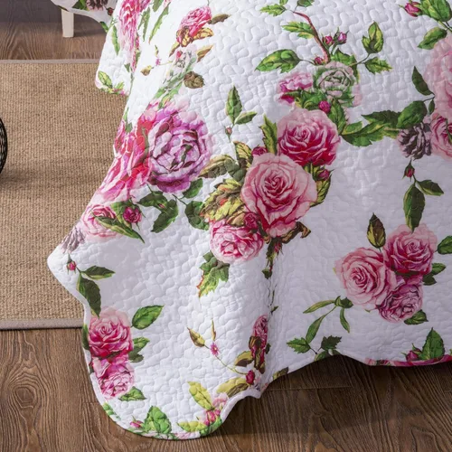 Miniatura 7 de DaDa Bedding Juego de colcha floral de rosas románticas, encantador color rosa y blanco festoneado, colorido, ligero, transpirable, colcha acolchada