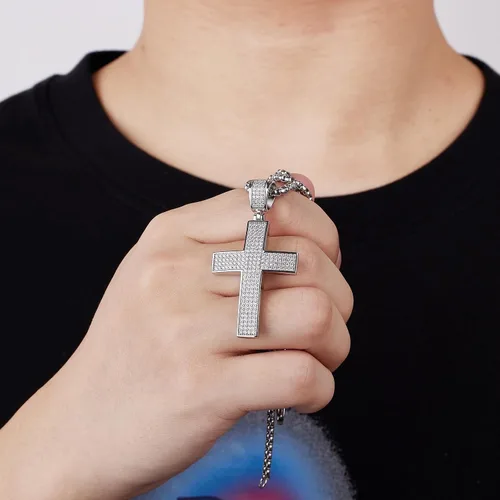 Miniatura 2 de HOLYCOME Colgante de cruz de moissanita helada para hombres, colgante de crucifijo de diamante de laboratorio para collar, plata de ley 925, joyería