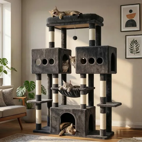 Miniatura 10 de Hey-brother Torre de árbol para gatos, postes rascadores de sisal grande con plataforma grande, 3 amplios condominios, hamaca de felpa, juguete
