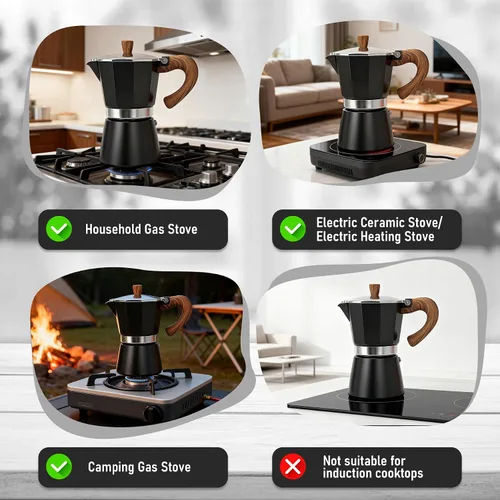 Miniatura 6 de Cafetera de Espresso Italiana para Estufa, Cafetera Moka Clásica de Aluminio de 6 Tazas – Duradera Cafetera Cubana Manual para Estufa de Gas
