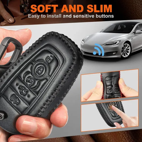 Miniatura 2 de Slohif Funda de cuero para llavero Ford para Edge Escape Expedition Explorer Fusion Mustang Ranger F-150 F-250 5 botones, funda de cuero+anillo en D