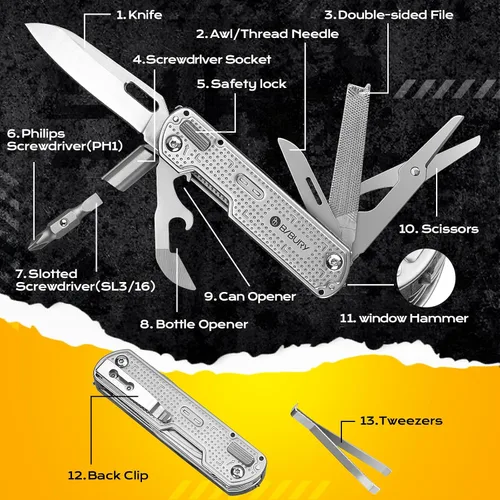 Miniatura 5 de BIBURY Cuchillo de bolsillo multiherramienta BI2056, cuchillo multiherramienta de acero inoxidable con clip, cuchillo plegable multiherramienta EDC