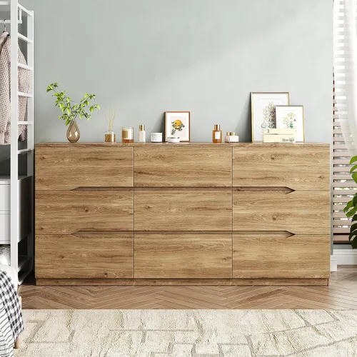 Miniatura 3 de Cómoda natural de 9 cajones para dormitorio, cómoda de 60.3 pulgadas de ancho con mango de ranura, modernos aparadores grandes con riel deslizante