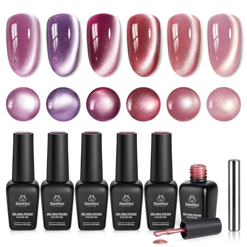 Miniatura 21 de Beetles - Esmalte de uñas de gel rojo, 6 colores, colección Marvelous Lady, esmalte de uñas con purpurina burdeos, nude, rojo brillante, diseño