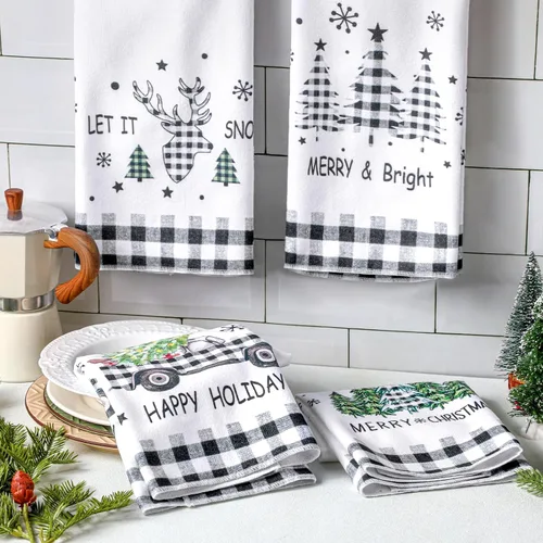 Miniatura 2 de Preboun Juego de 4 Toallas de Cocina Navideñas de 17x26'' a Cuadros Buffalo Absorbentes, Toalla de Platos Navideña con Diseños de Árbol de Navidad