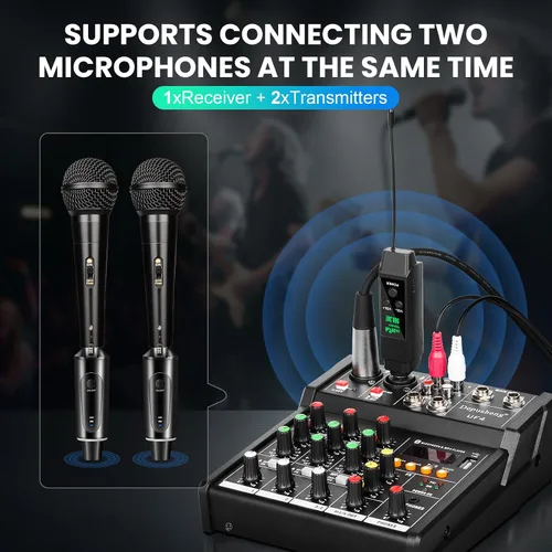 Miniatura 4 de Depusheng Sistema de micrófono inalámbrico de 2.4 GHz Transmisor y receptor con ajuste de volumen, baja latencia, recargable, rango de 150 pies