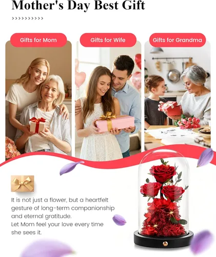 Miniatura 6 de DENIMOMO Rosas para el día de la madre, rosas preservadas rojas en cúpula de cristal, rosas reales para el día de la madre, regalos para esposa
