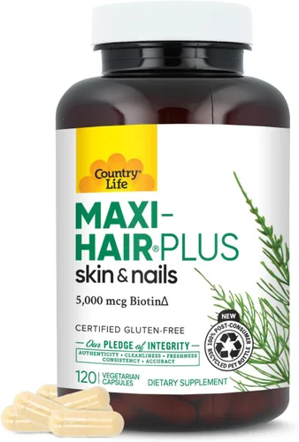 Country Life, Maxi-Hair Plus Biotina, apoya la salud del cabello, la piel y las uñas, suplemento diario, 120 unidades