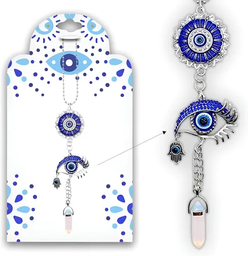 LUCKBOOSTIUM Adorno plateado contra el mal de ojo con cadena de bolas con cristal azul, mano de Hamsa, piedra colgante – para buena suerte y Piedra
