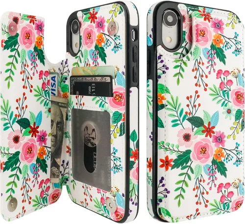 Miniatura 12 de HAOPINSH Funda tipo cartera para iPhone XR con tarjetero, diseño de mármol rosa y azul en la parte trasera, de piel sintética, con ranuras