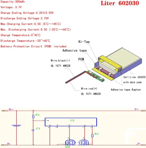 Miniatura 2 de Liter energy battery batería recargable 602030 del polímero de iones de litio de la batería 300mAh 3.7V Lipo con dos alambre