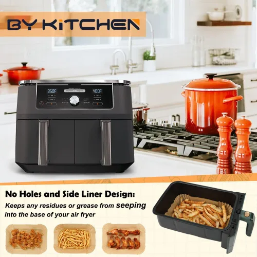 Miniatura 5 de BYKITCHEN Forros de papel desechables para freidora de aire Ninja Dual Airfryer, 100 PCS hojas de papel pergamino rectangulares para freidora
