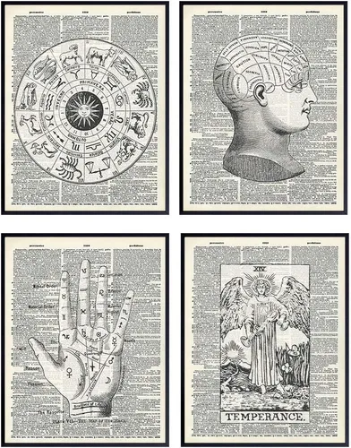 Signo del zodiaco, astrología, tarot, oculto, lectura de palma, quiromancia, frenología, arte de pared del tarot - Juego de decoración vintage de