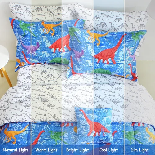 Miniatura 7 de Mooreeke Juego de edredón individual para niños de 6 piezas, juego de ropa de cama azul para adolescentes, microfibra de dinosaurio, cama para niños