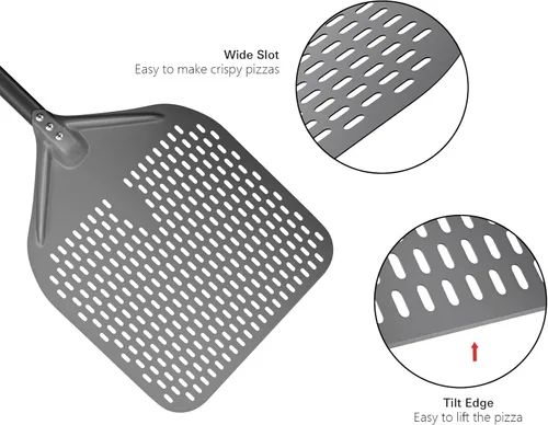 Miniatura 4 de G.a HOMEFAVOR Cáscara de pizza perforada de 14 x 17 pulgadas, 35 pulgadas en total, rectangular de aluminio para torneado de pizza con mango