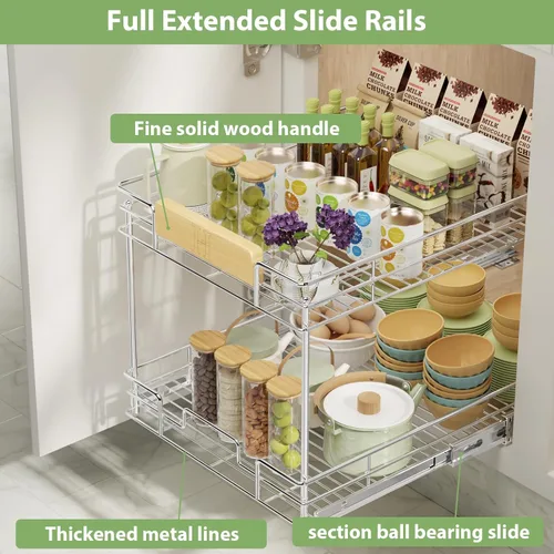 Miniatura 2 de ROOMTEC Organizador de gabinete extraíble con mango de madera, 19½ pulgadas de ancho x 21½ pulgadas de profundidad, 2 niveles, cajones extraíbles
