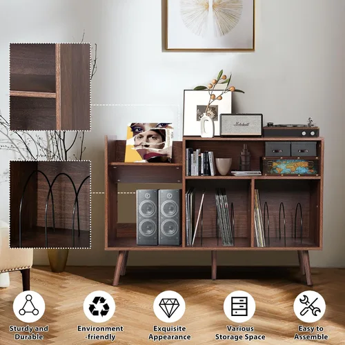 Miniatura 7 de Soporte grande para tocadiscos, mesa de almacenamiento de discos de vinilo de mediados de siglo con patas de madera y almacenamiento de discos