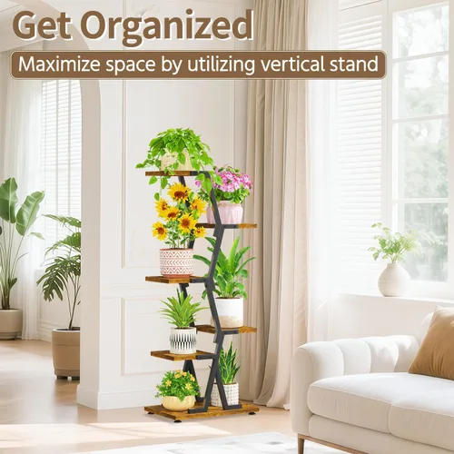 Miniatura 6 de LASZOLA Soporte para plantas de 5 niveles alto de madera y metal para interiores para macetas de servicio pesado, estante vertical grande